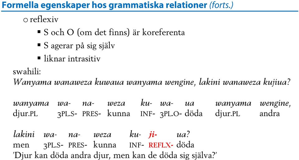 wanyama wa- na- weza ku- wa- ua wanyama wengine, djur.pl 3PL.S- PRES- kunna INF- 3PL.O- döda djur.