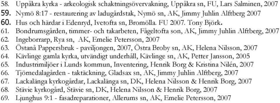 Ingeborrarp, Rya sn, AK, Emelie Petersson, 2007 63. Östanå Pappersbruk - paviljongen, 2007, Östra Broby sn, AK, Helena Nilsson, 2007 64.