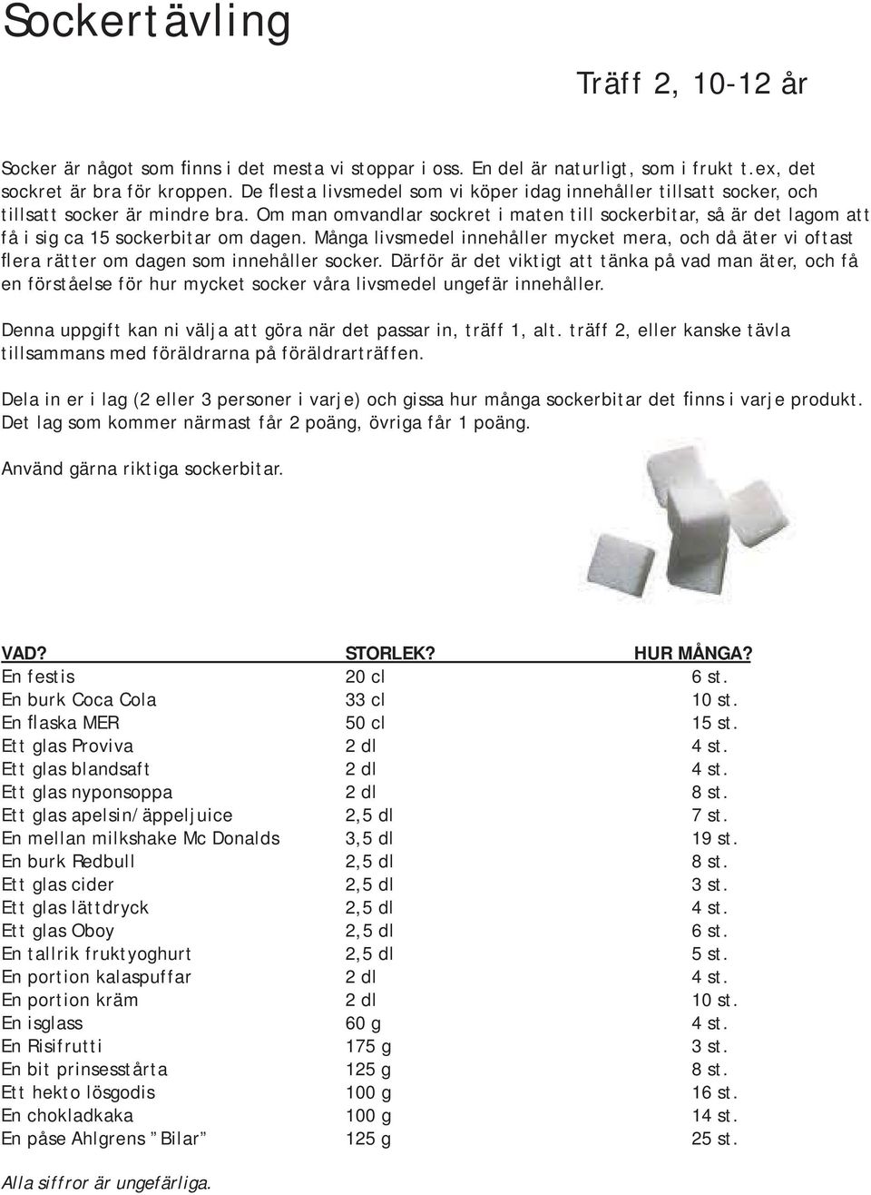 Om man omvandlar sockret i maten till sockerbitar, så är det lagom att få i sig ca 15 sockerbitar om dagen.