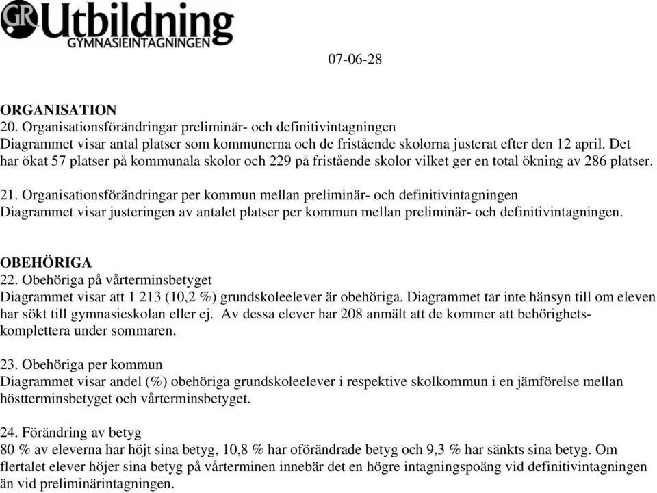 Organisationsförändringar per kommun mellan preliminär- och definitivintagningen Diagrammet visar justeringen av antalet platser per kommun mellan preliminär- och definitivintagningen. OBEHÖRIGA 22.