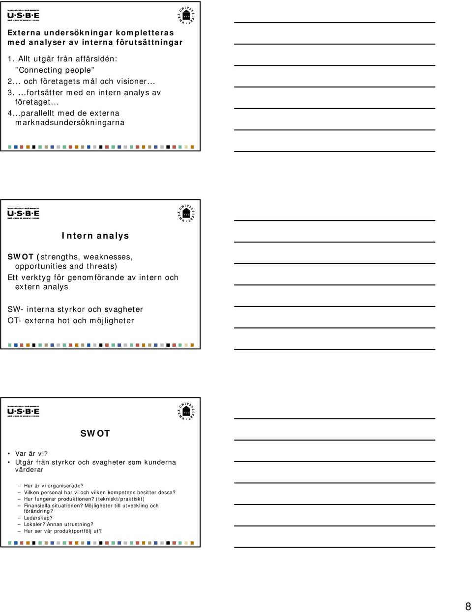 ..parallellt med de externa marknadsundersökningarna Intern analys SWOT (strengths, weaknesses, opportunities and threats) Ett verktyg för genomförande av intern och extern analys SW- interna styrkor