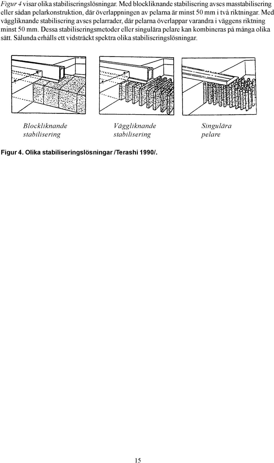 Med väggliknande stabilisering avses pelarrader, där pelarna överlappar varandra i väggens riktning minst 50 mm.
