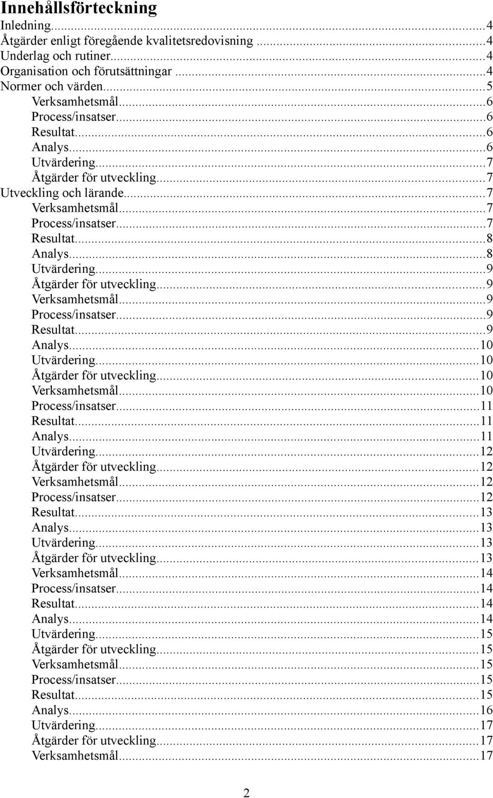 ..9 Åtgärder för utveckling...9 Verksamhetsmål...9 Process/insatser...9 Resultat...9 Analys...10 Utvärdering...10 Åtgärder för utveckling...10 Verksamhetsmål...10 Process/insatser...11 Resultat.