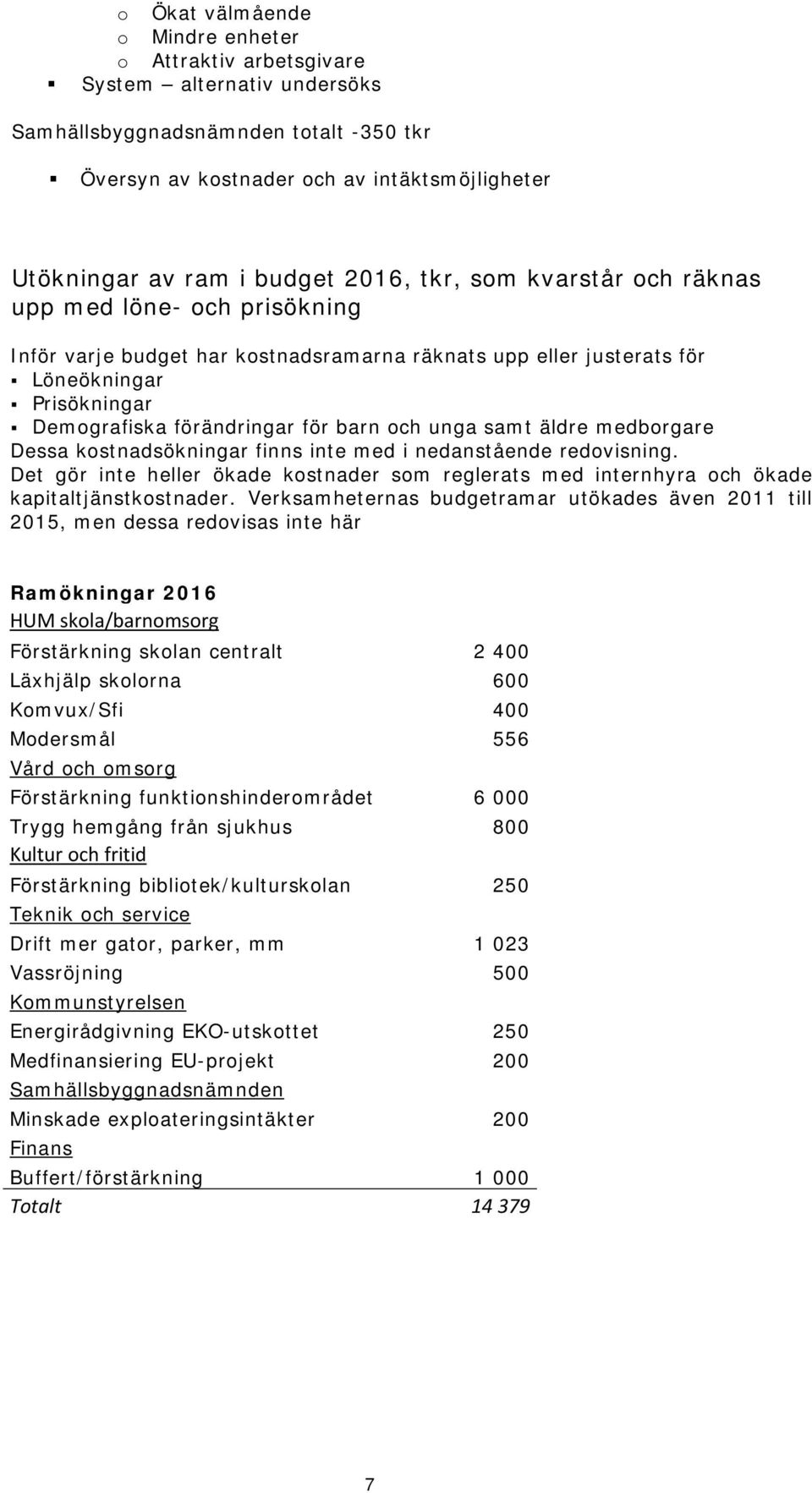 barn och unga samt äldre medborgare Dessa kostnadsökningar finns inte med i nedanstående redovisning. Det gör inte heller ökade kostnader som reglerats med internhyra och ökade kapitaltjänstkostnader.