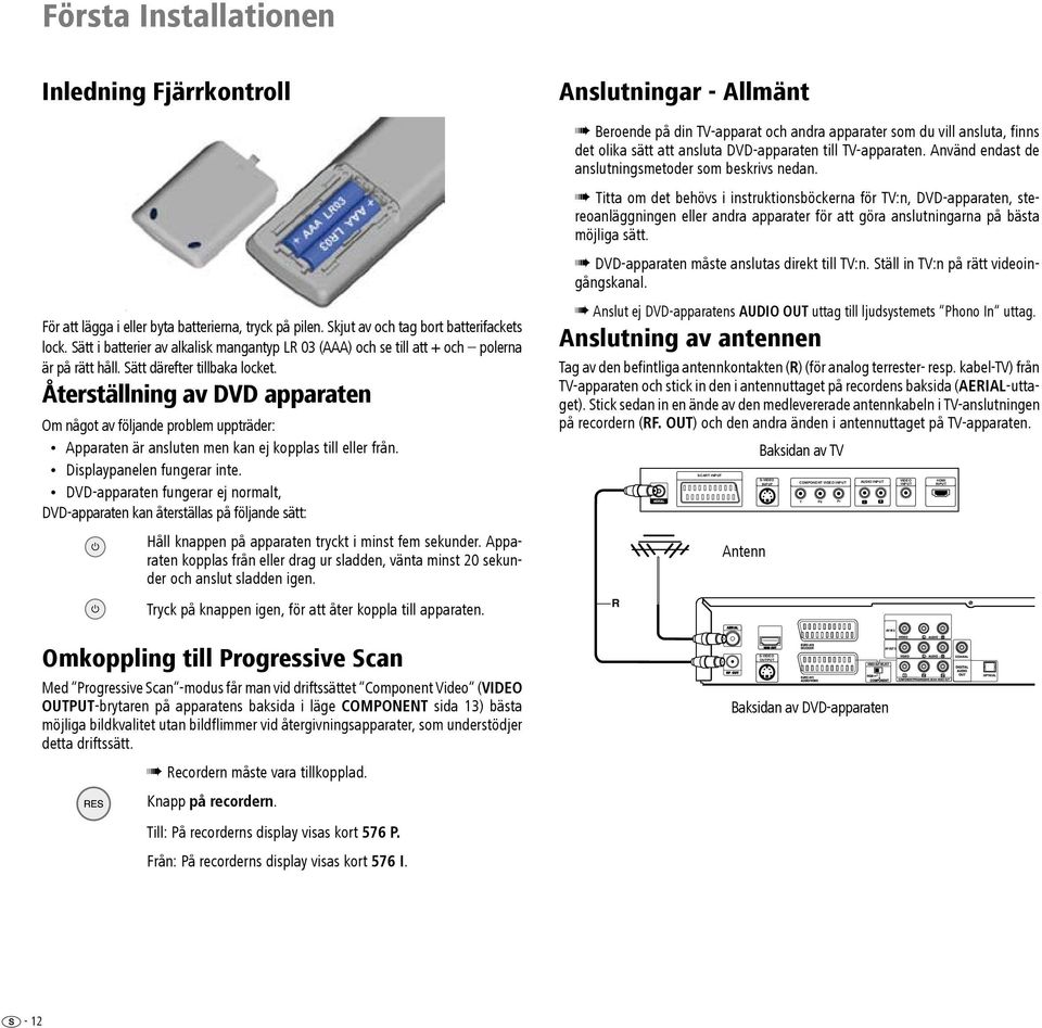 Återställning av DVD apparaten Om något av följande problem uppträder: Apparaten är ansluten men kan ej kopplas till eller från. Displaypanelen fungerar inte.