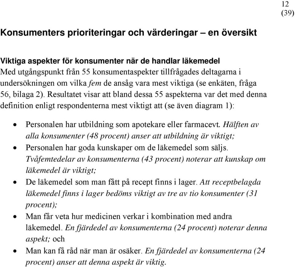 Resultatet visar att bland dessa 55 aspekterna var det med denna definition enligt respondenterna mest viktigt att (se även diagram 1): Personalen har utbildning som apotekare eller farmacevt.