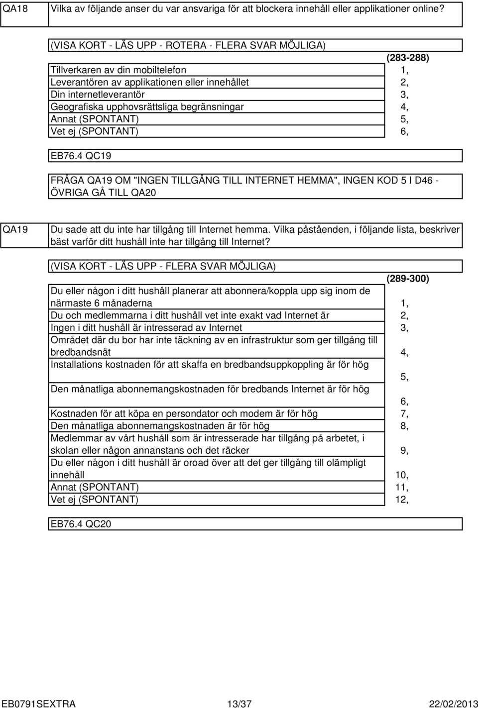 Annat (SPONTANT) (8-88),,,, 6, EB76. QC9 FRÅGA QA9 OM "INGEN TILLGÅNG TILL INTERNET HEMMA", INGEN KOD 5 I D6 - ÖVRIGA GÅ TILL QA0 QA9 Du sade att du inte har tillgång till Internet hemma.
