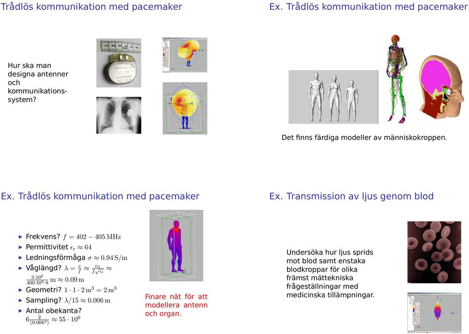 f 4 45 MHz Pemittivitet ɛ 64 Ledningsfömåga σ.94 S/m Våglängd? λ c f c f ɛ 3 8 m.9 m 4 6 8 Geometi? m 3 m 3 Sampling? λ/5.6 m Antal obekanta?