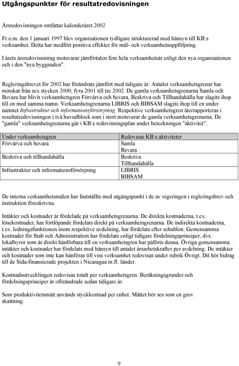 Regleringsbrevet för 2002 har förändrats jämfört med tidigare år. Antalet verksamhetsgrenar har minskat från sex stycken 2000, fyra 2001 till tre 2002.