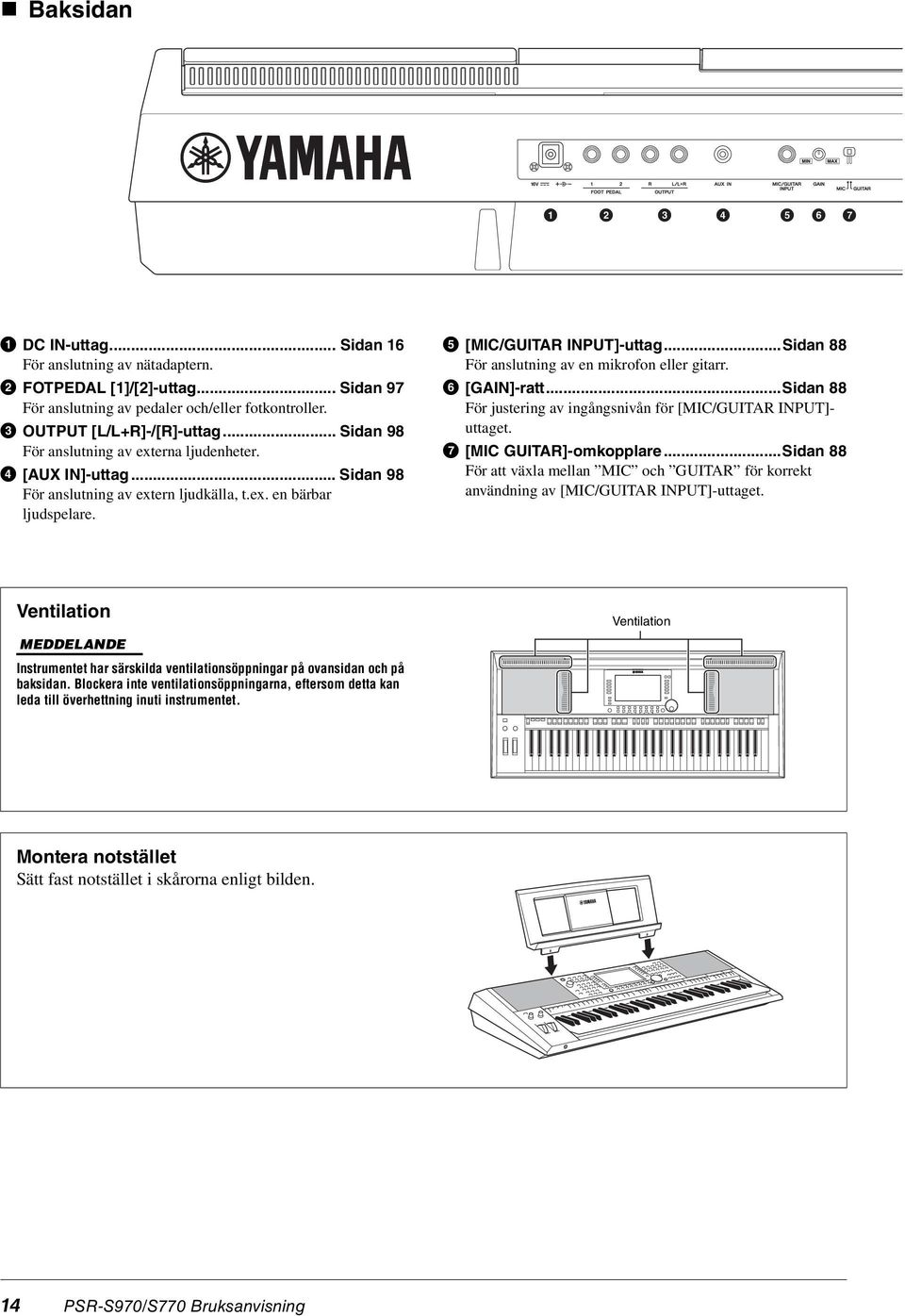 ..Sidan 88 För anslutning av en mikrofon eller gitarr. [GAIN]-ratt...Sidan 88 För justering av ingångsnivån för [MIC/GUITAR INPUT]- uttaget. [MIC GUITAR]-omkopplare.