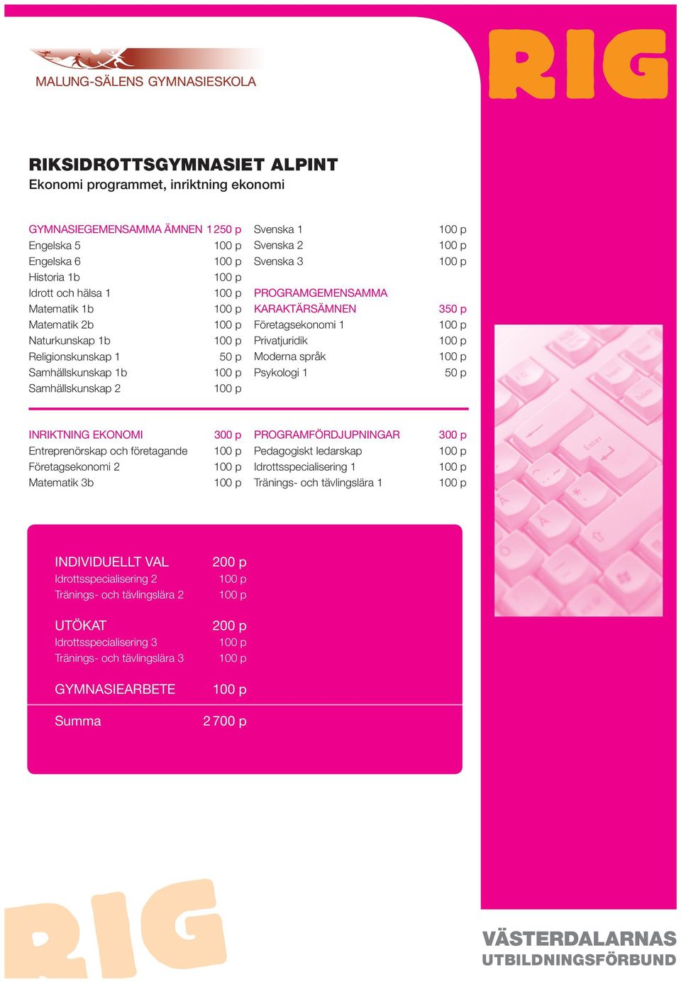 språk Psykologi 1 3 INRIKTNING EKONOMI Entreprenörskap och företagande Företagsekonomi 2 Matematik 3b PROGRAMFÖRDJUPNINGAR Pedagogiskt ledarskap Idrottsspecialisering 1