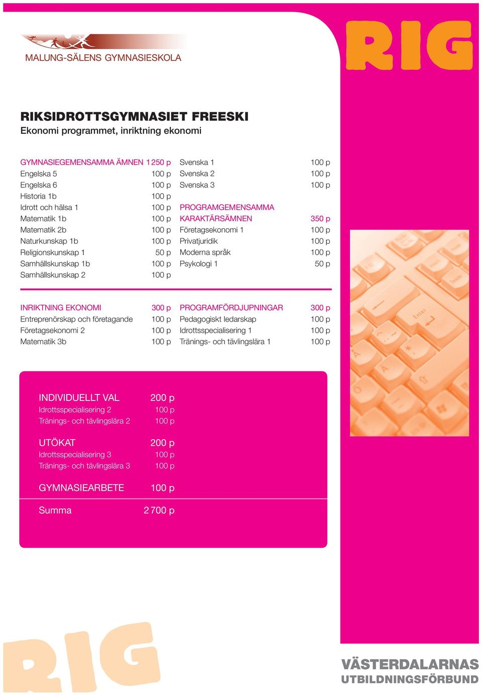 språk Psykologi 1 3 INRIKTNING EKONOMI Entreprenörskap och företagande Företagsekonomi 2 Matematik 3b PROGRAMFÖRDJUPNINGAR Pedagogiskt ledarskap Idrottsspecialisering 1