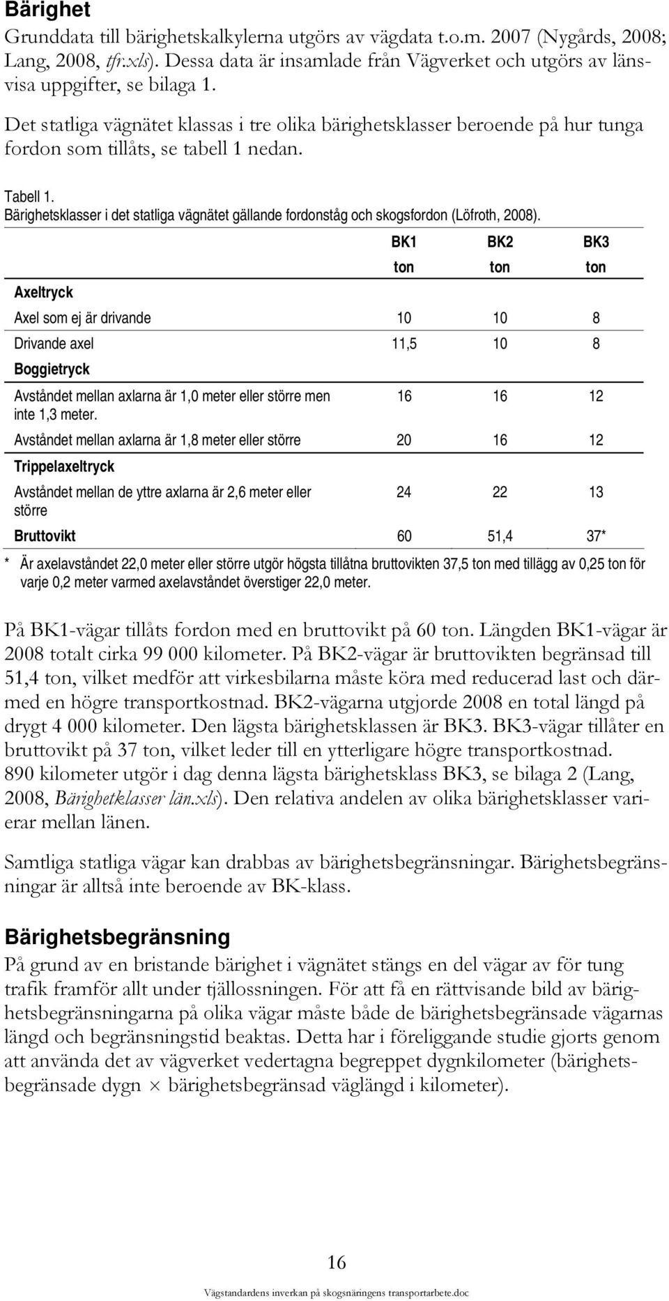Bärighetsklasser i det statliga vägnätet gällande fordonståg och skogsfordon (Löfroth, 2008).