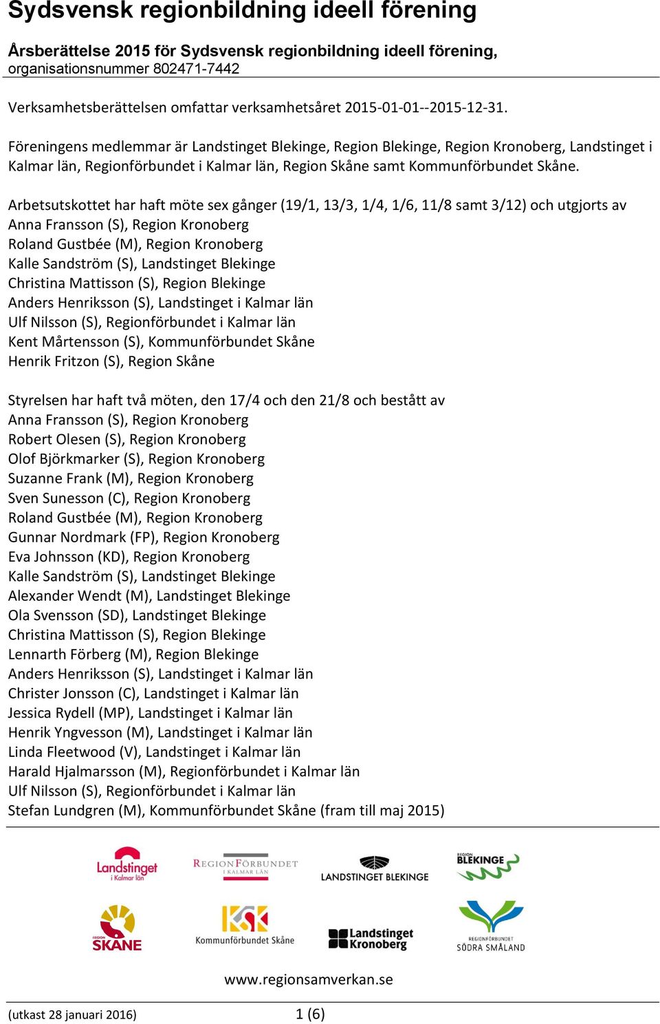 Arbetsutskottet har haft möte sex gånger (19/1, 13/3, 1/4, 1/6, 11/8 samt 3/12) och utgjorts av Anna Fransson (S), Roland Gustbée (M), Kalle Sandström (S), Landstinget Blekinge Christina Mattisson