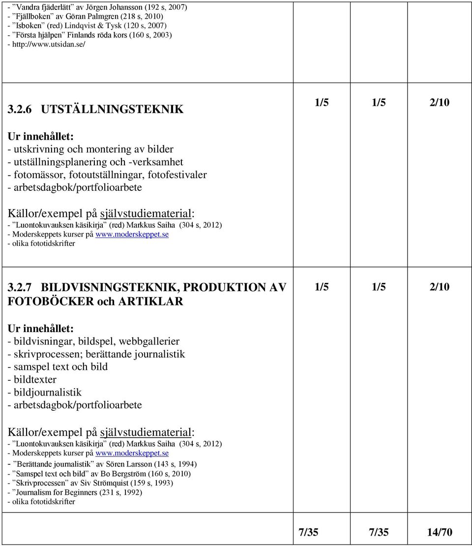 2.7 BILDVISNINGSTEKNIK, PRODUKTION AV FOTOBÖCKER och ARTIKLAR - bildvisningar, bildspel, webbgallerier - skrivprocessen; berättande journalistik - samspel text och bild - bildtexter -