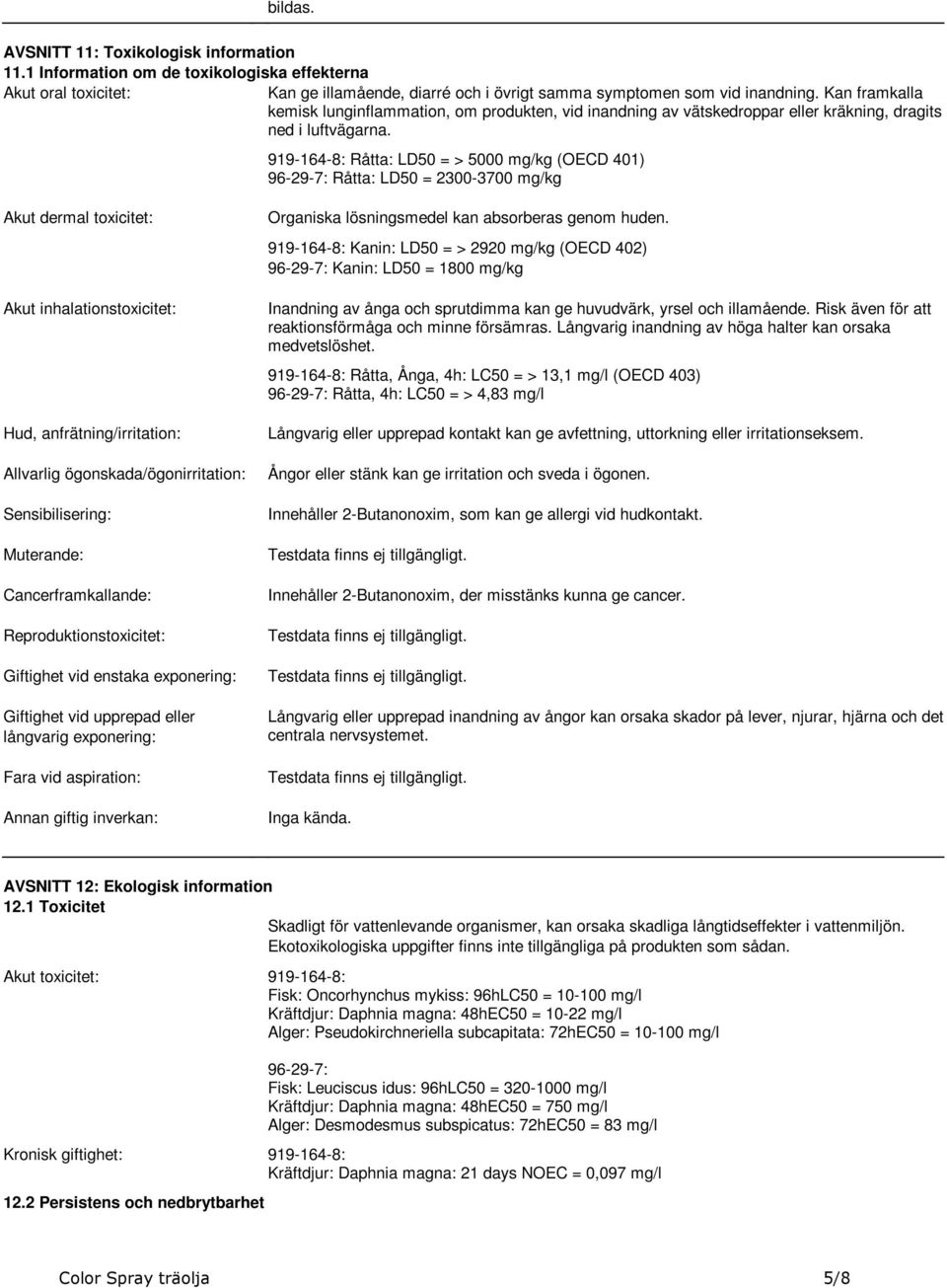 Akut dermal toxicitet: Akut inhalationstoxicitet: Hud, anfrätning/irritation: Allvarlig ögonskada/ögonirritation: Sensibilisering: Muterande: Cancerframkallande: Reproduktionstoxicitet: Giftighet vid