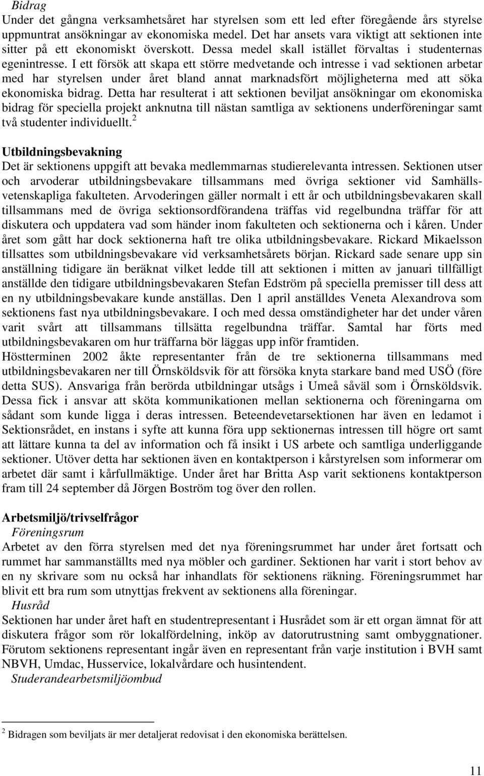 I ett försök att skapa ett större medvetande och intresse i vad sektionen arbetar med har styrelsen under året bland annat marknadsfört möjligheterna med att söka ekonomiska bidrag.