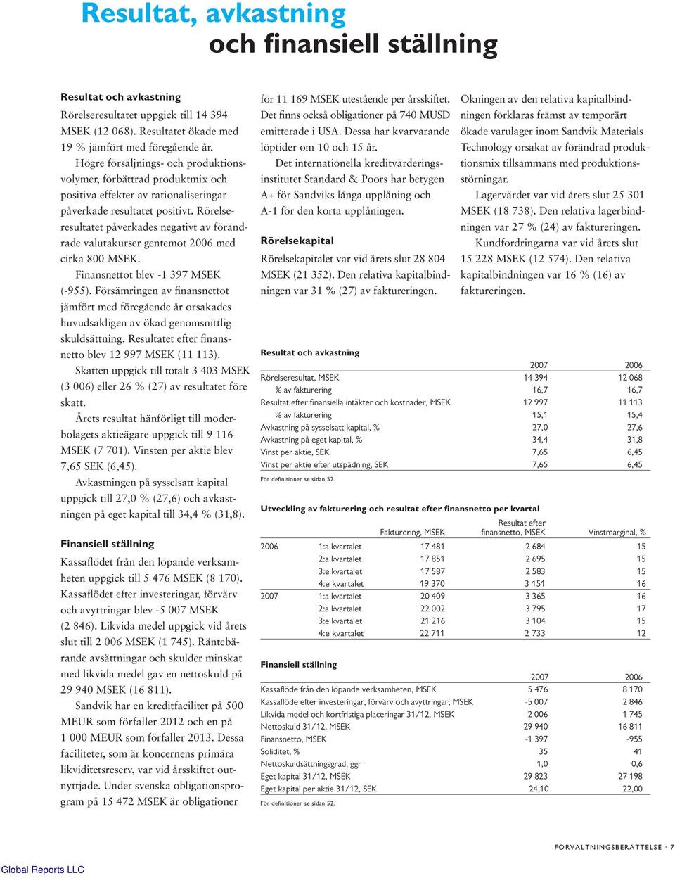 Rörelseresultatet påverkades negativt av förändrade valutakurser gentemot 2006 med cirka 800 MSEK. Finansnettot blev -1 397 MSEK (-955).