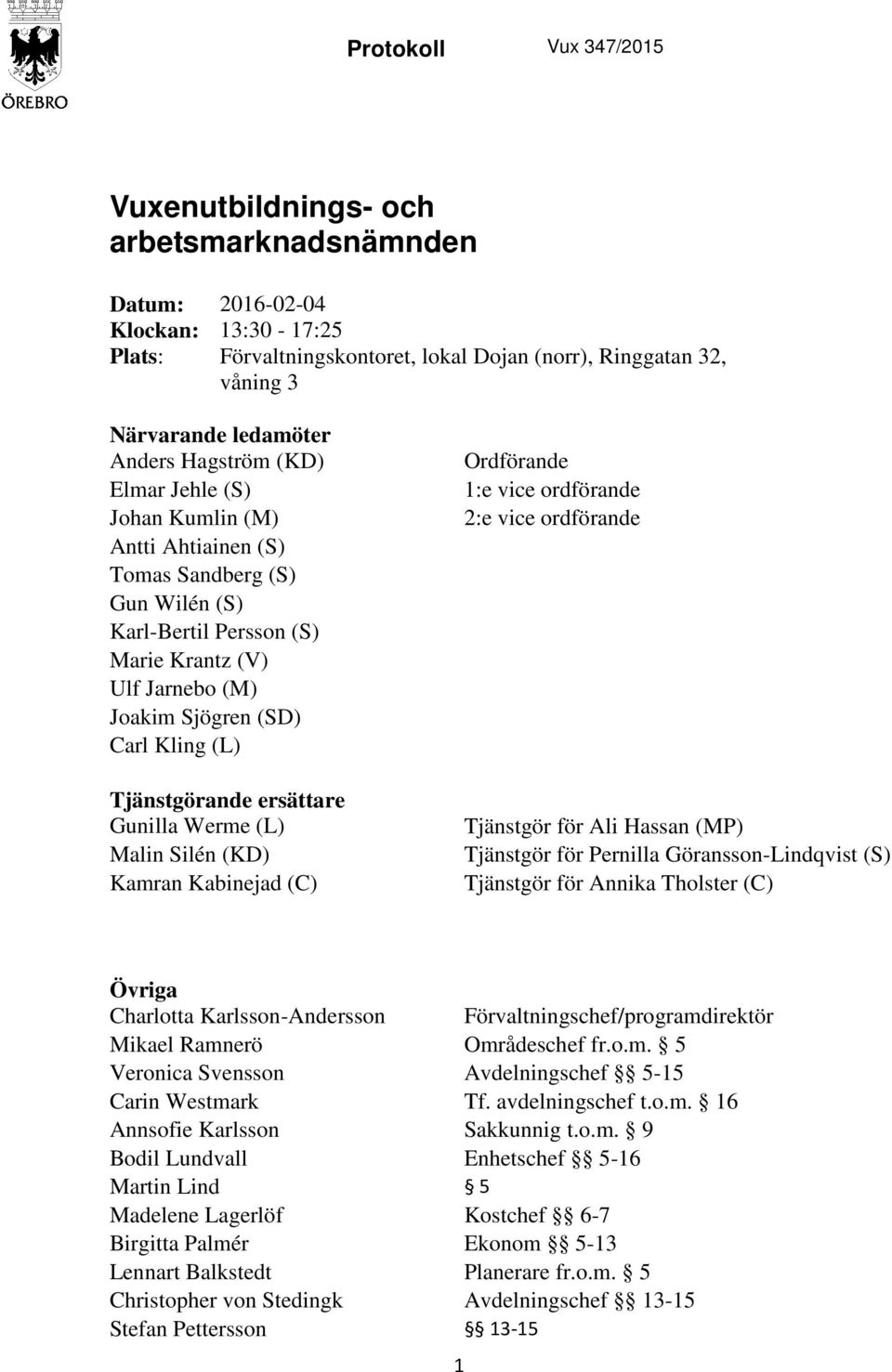 Tjänstgörande ersättare Gunilla Werme (L) Malin Silén (KD) Kamran Kabinejad (C) Ordförande 1:e vice ordförande 2:e vice ordförande Tjänstgör för Ali Hassan (MP) Tjänstgör för Pernilla