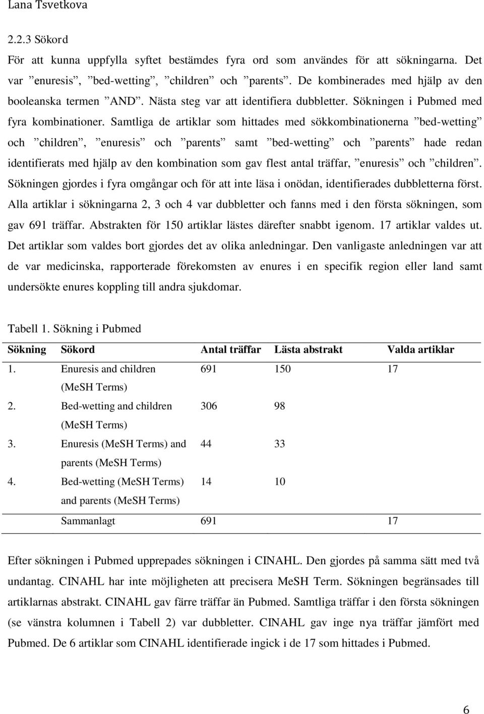 Samtliga de artiklar som hittades med sökkombinationerna bed-wetting och children, enuresis och parents samt bed-wetting och parents hade redan identifierats med hjälp av den kombination som gav