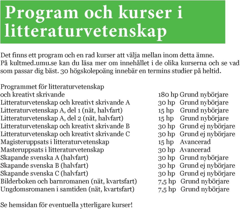 Programmet för litteraturvetenskap och kreativt skrivande Litteraturvetenskap och kreativt skrivande A Litteraturvetenskap A, del 1 (nät, halvfart) Litteraturvetenskap A, del 2 (nät, halvfart)