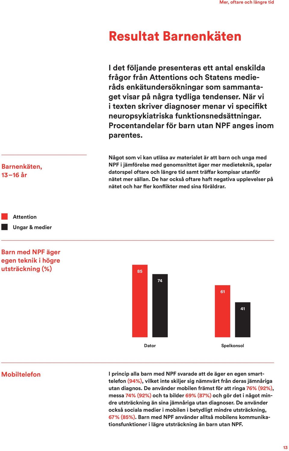 Barnenkäten, 13 16 år Något som vi kan utläsa av materialet är att barn och unga med NPF i jämförelse med genomsnittet äger mer medieteknik, spelar datorspel oftare och längre tid samt träffar