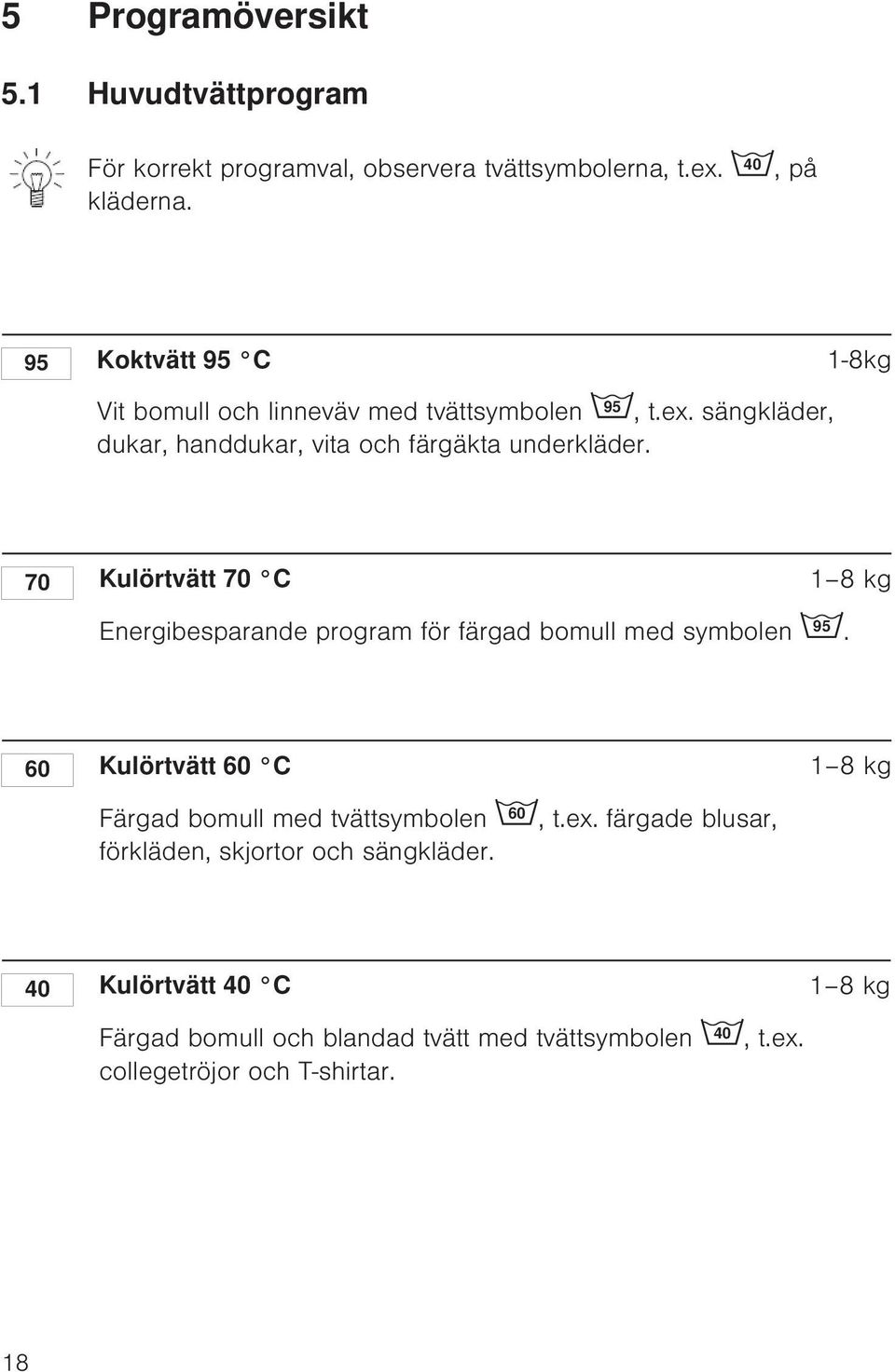 70 Kulörtvätt 70 C 1 8 kg Energibesparande program för färgad bomull med symbolen 95.