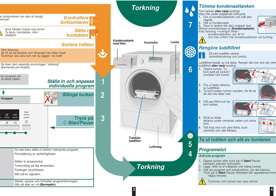 Kontrollera torktumlaren Sätta i kontakten Sortera tvätten Kondensattank med filter Torkning Kontroller Lucka 7 Tömma kondensattanken Töm tanken efter varje tumling! Men inte under pågående torkcykel.