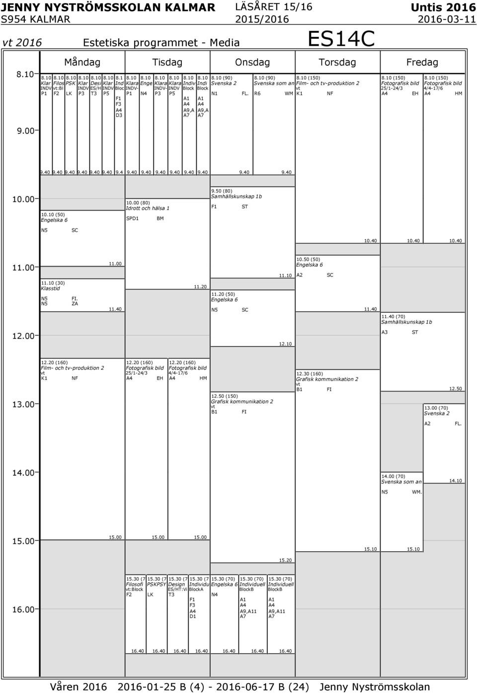 A9,A A9,A D3 Svenska som an (50) Film- och tv-produktion 2 WM K NF (50) Fotografisk bild 25/-24/3 E (50) Fotografisk bild 4/4-7/6 M 9.4 0.0 (50) Engelska 6 (80) SP BM 9.50 (80) Samhällskunskap b SC 0.