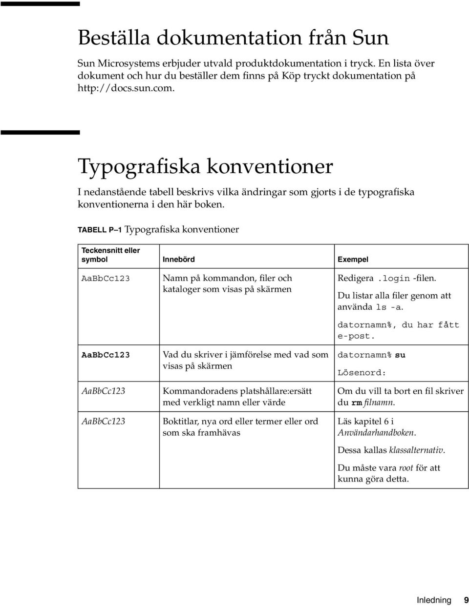 TABELL P 1 Typografiska konventioner Teckensnitt eller symbol Innebörd Exempel AaBbCc123 AaBbCc123 AaBbCc123 AaBbCc123 Namn på kommandon, filer och kataloger som visas på skärmen Vad du skriver i