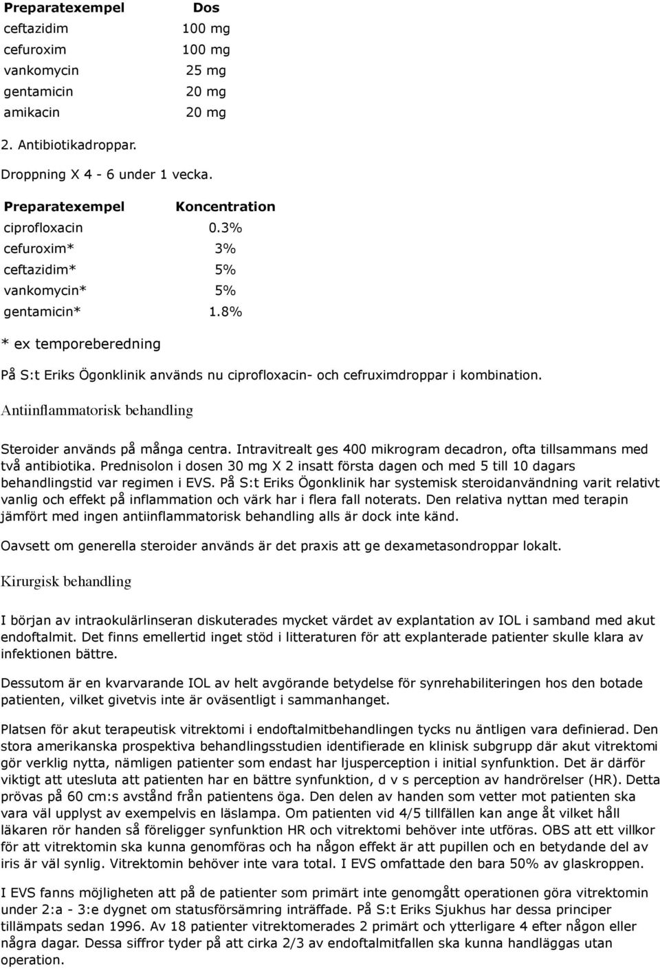 8% * ex temporeberedning På S:t Eriks Ögonklinik används nu ciprofloxacin- och cefruximdroppar i kombination. Antiinflammatorisk behandling Steroider används på många centra.