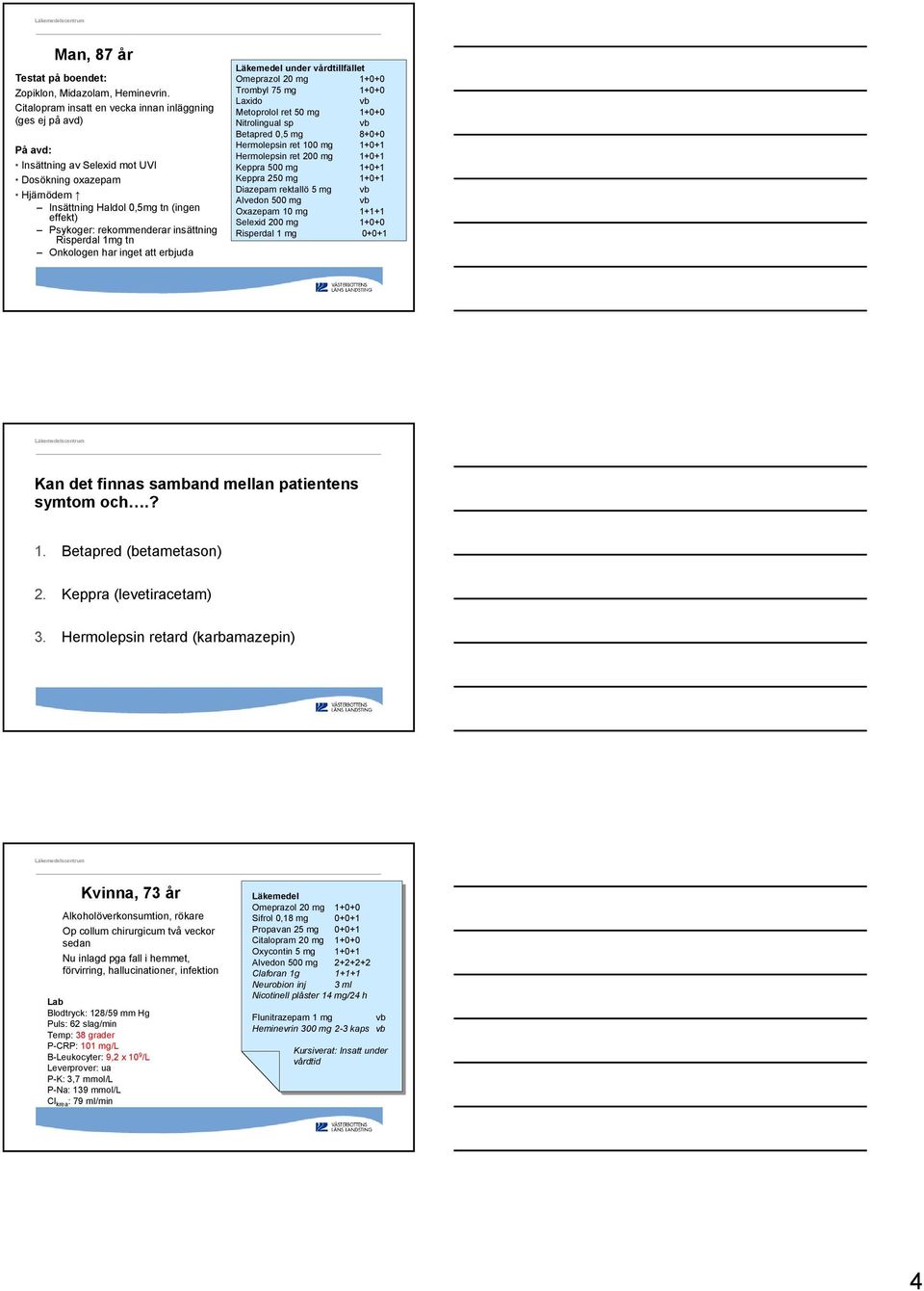 insättning Risperdal 1mg tn Onkologen har inget att erbjuda Läkemedel under vårdtillfället Omeprazol 20 mg 1+0+0 Trombyl 75 mg 1+0+0 Laxido Metoprolol ret 50 mg 1+0+0 Nitrolingual sp Betapred 0,5 mg