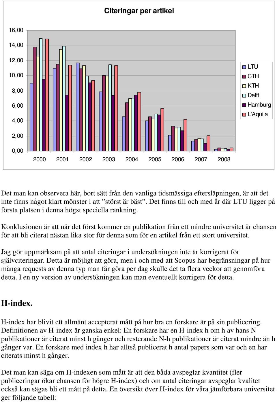 Konklusionen är att när det först kommer en publikation från ett mindre universitet är chansen för att bli citerat nästan lika stor för denna som för en artikel från ett stort universitet.