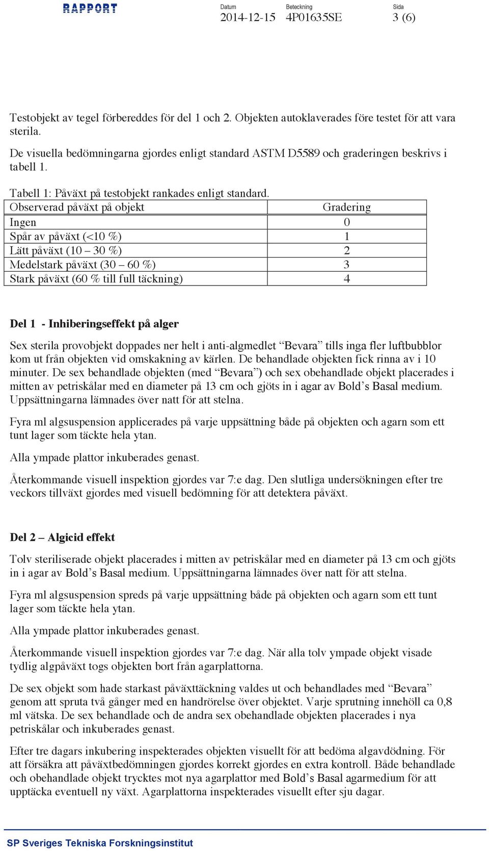 Observerad påväxt på objekt Gradering Ingen 0 Spår av påväxt (<10 %) 1 Lätt påväxt (10 30 %) 2 Medelstark påväxt (30 60 %) 3 Stark påväxt (60 % till full täckning) 4 Del 1 - Inhiberingseffekt på