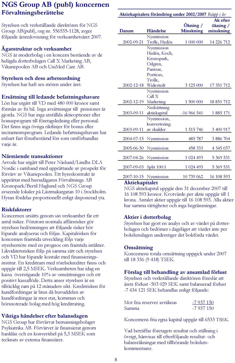 Styrelsen och dess arbetsordning Styrelsen har haft sex möten under året. Ersättning till ledande befattningshavare Lön har utgått till VD med 480 000 kronor samt förmån av fri bil.