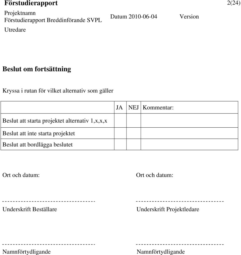 inte starta projektet Beslut att bordlägga beslutet Ort och datum: Ort och datum: