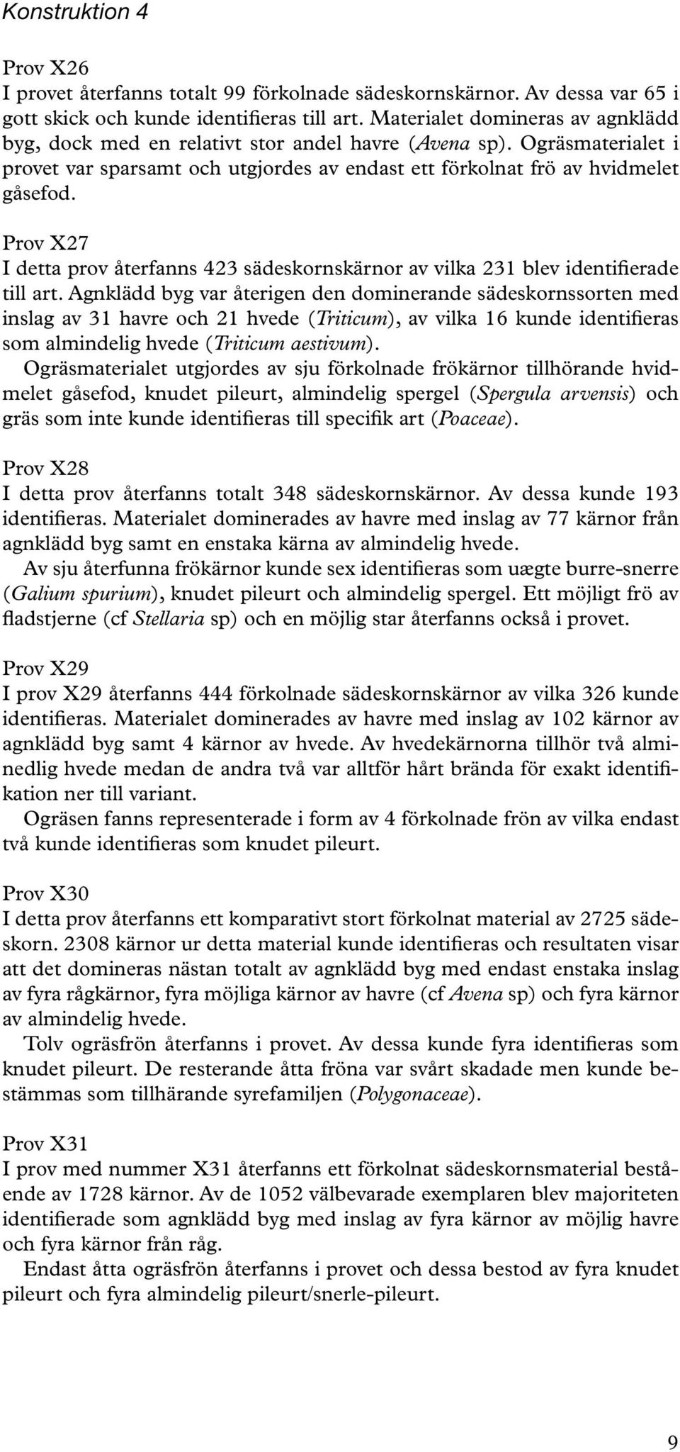 Prov X27 I detta prov återfanns 423 sädeskornskärnor av vilka 231 blev identifierade till art.