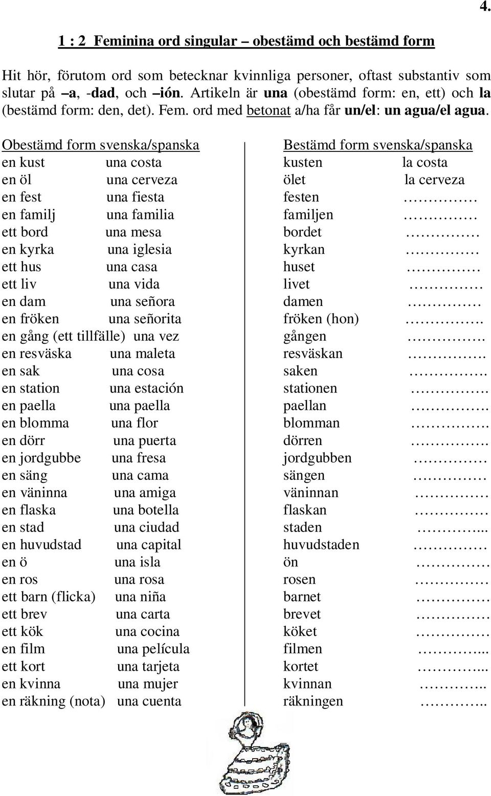 Obestämd form svenska/spanska Bestämd form svenska/spanska en kust una costa kusten la costa en öl una cerveza ölet la cerveza en fest una fiesta festen en familj una familia familjen ett bord una