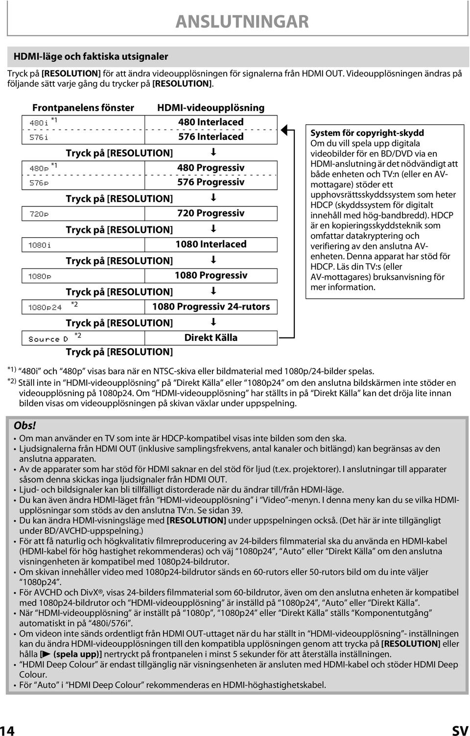 Frontpanelens fönster HDMI-videoupplösning *1 480 Interlaced 576 Interlaced Tryck på [RESOLUTION] *1 480 Progressiv 576 Progressiv Tryck på [RESOLUTION] 720 Progressiv Tryck på [RESOLUTION] 1080