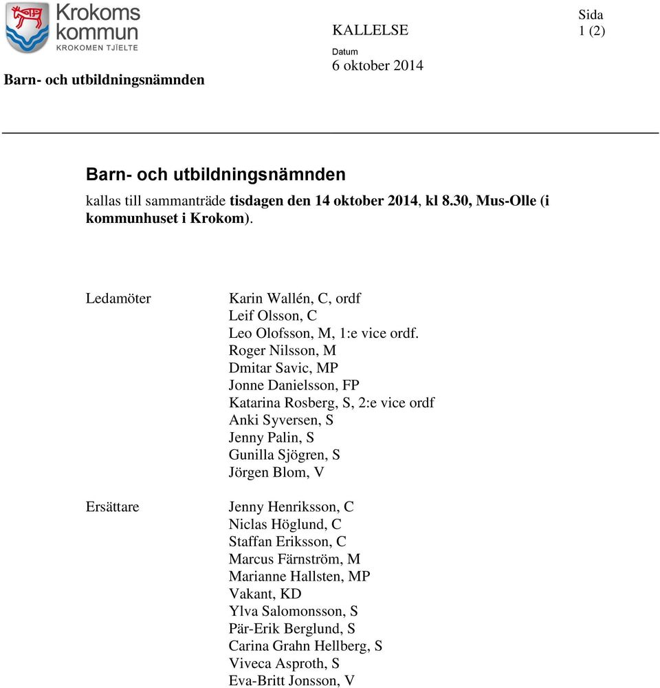 Roger Nilsson, M Dmitar Savic, MP Jonne Danielsson, FP Katarina Rosberg, S, 2:e vice ordf Anki Syversen, S Jenny Palin, S Gunilla Sjögren, S Jörgen Blom, V Jenny