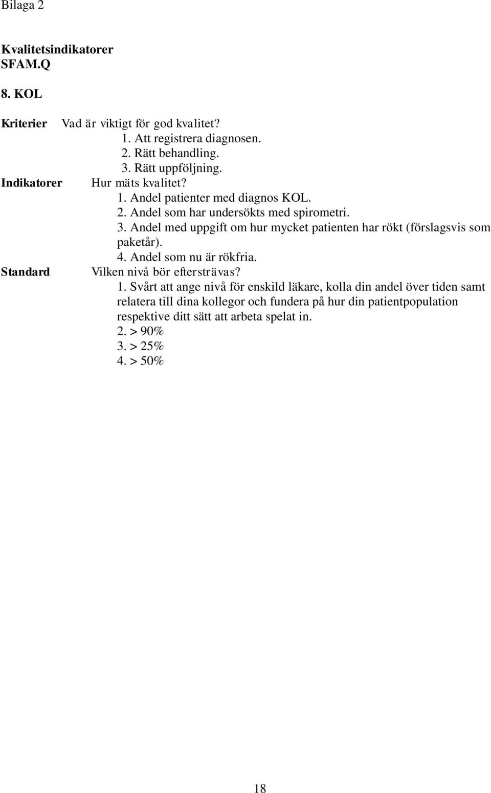 Andel med uppgift om hur mycket patienten har rökt (förslagsvis som paketår). 4. Andel som nu är rökfria. Standard Vilken nivå bör eftersträvas? 1.