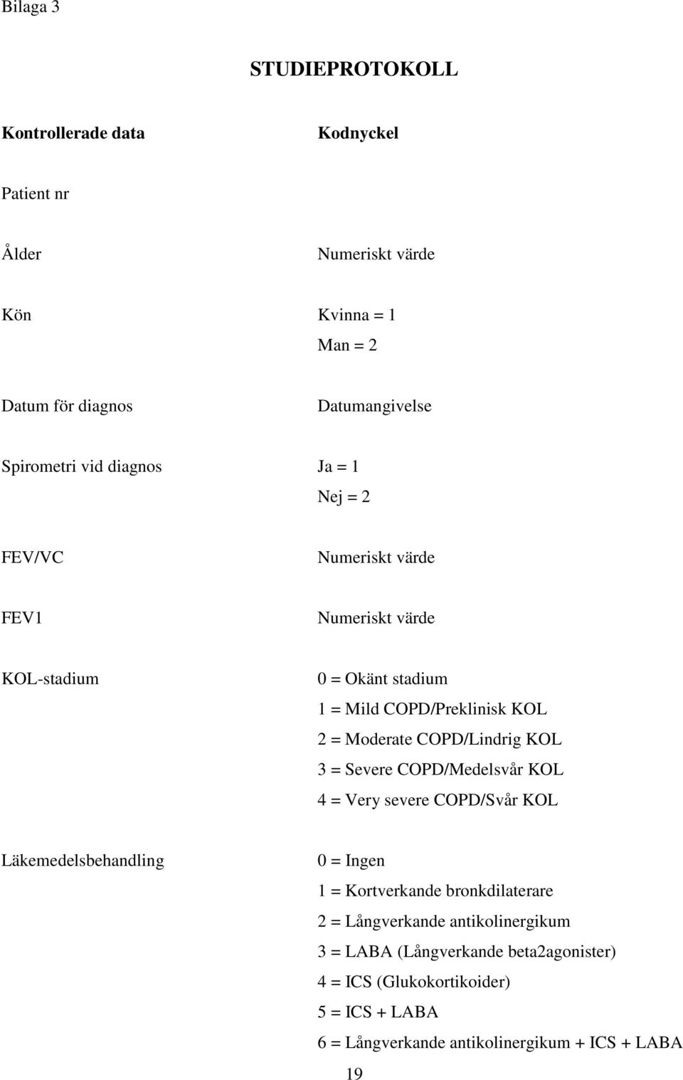 Moderate COPD/Lindrig KOL 3 = Severe COPD/Medelsvår KOL 4 = Very severe COPD/Svår KOL Läkemedelsbehandling 0 = Ingen 1 = Kortverkande bronkdilaterare