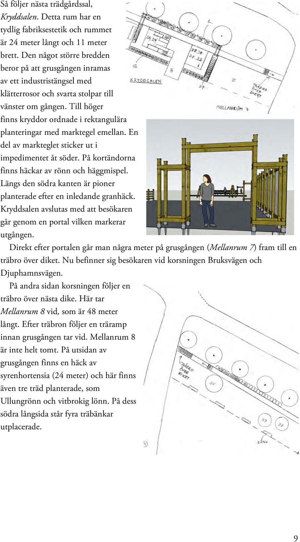 Till höger finns kryddor ordnade i rektangulära planteringar med marktegel emellan. En del av markteglet sticker ut i impedimentet åt söder. På kortändorna finns häckar av rönn och häggmispel.