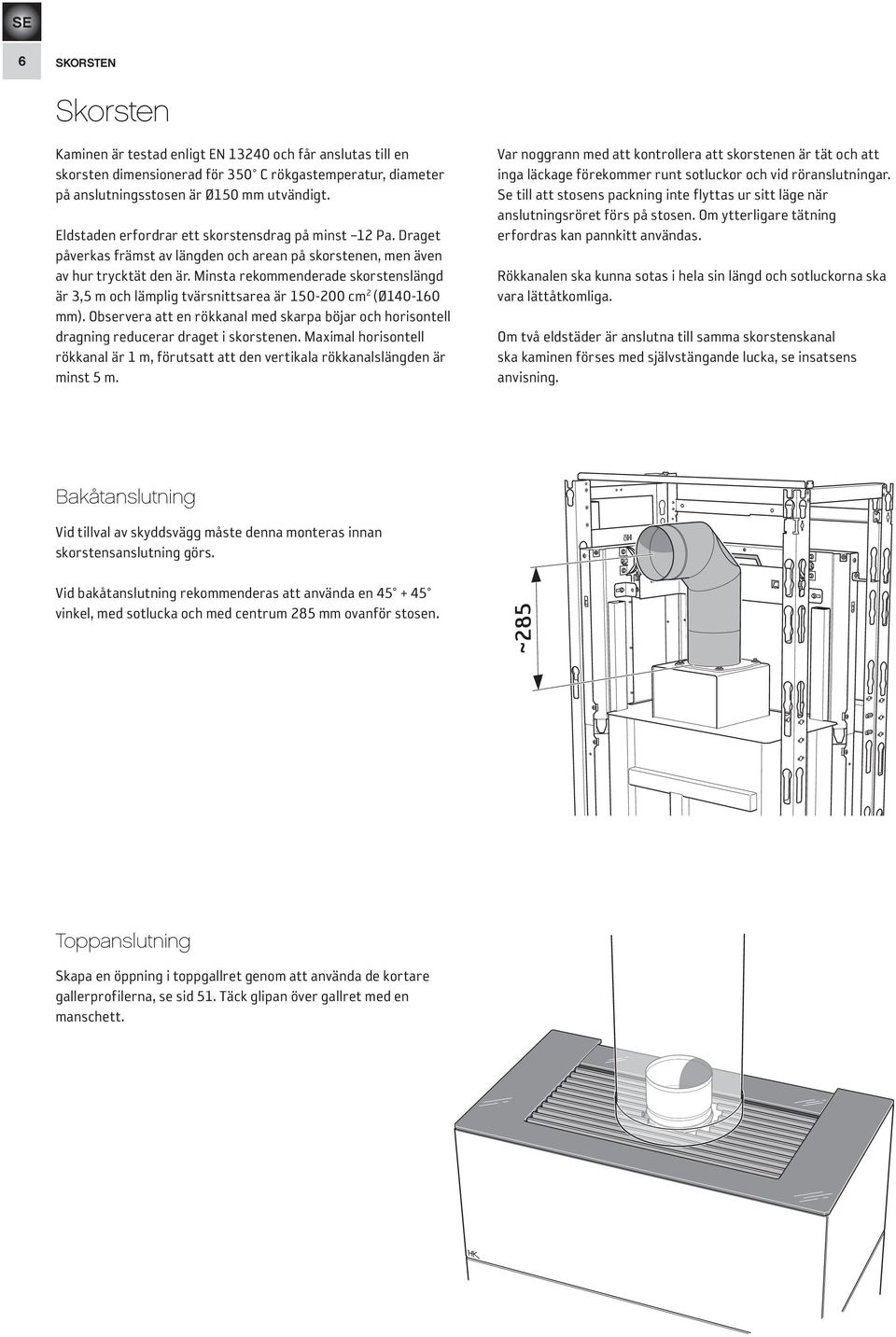 Minsta rekommenderade skorstenslängd är 3,5 m och lämplig tvärsnittsarea är 150-200 cm 2 (Ø140-160 mm).