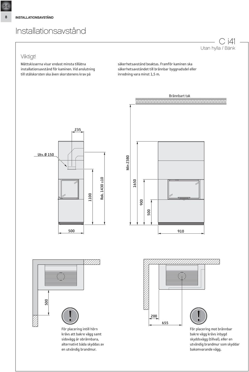 Framför kaminen ska säkerhetsavståndet till brännbar byggnadsdel eller inredning vara minst 1,5 m. C i41 Utan hylla / Bänk Brännbart tak 235 Utv.