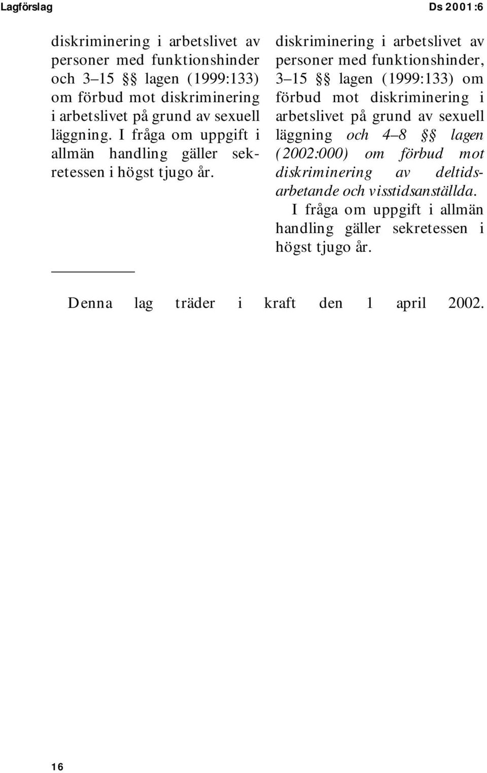 diskriminering i arbetslivet av personer med funktionshinder, 3 15 lagen (1999:133) om förbud mot diskriminering i arbetslivet på grund av sexuell läggning