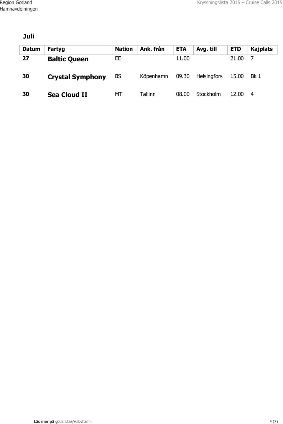 00 7 30 Crystal Symphony BS Köpenhamn 09.30 Helsingfors 15.