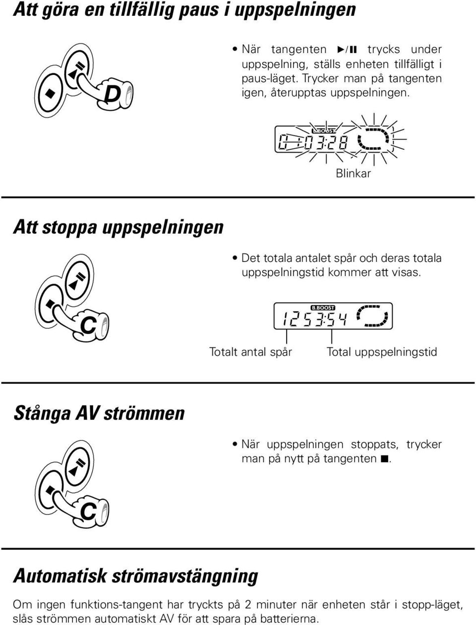 Blinkar Att stoppa uppspelningen Det totala antalet spår och deras totala uppspelningstid kommer att visas.