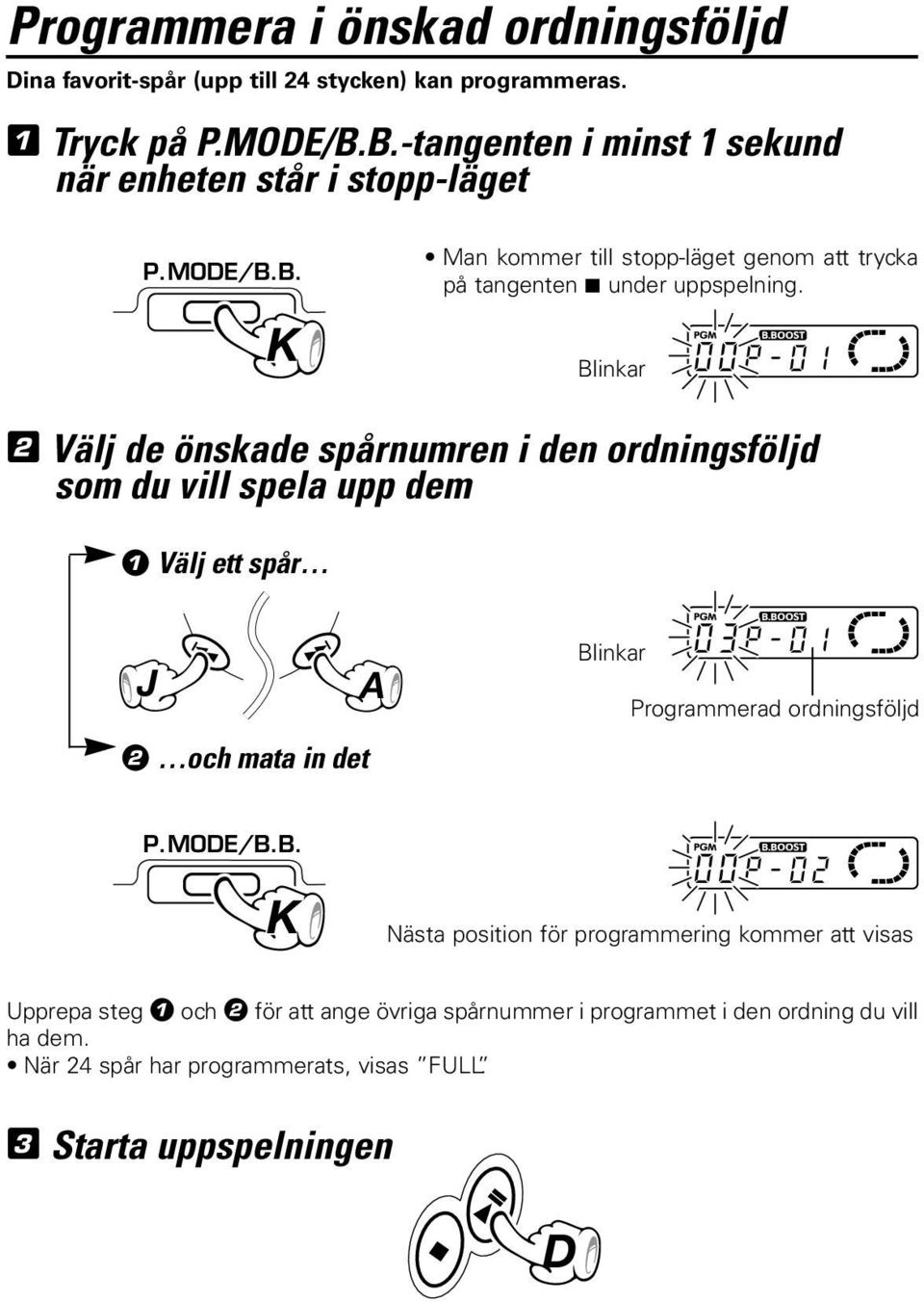 Blinkar 2 Välj de önskade spårnumren i den ordningsföljd som du vill spela upp dem Välj ett spår J 2 och mata in det A Blinkar Programmerad ordningsföljd P.