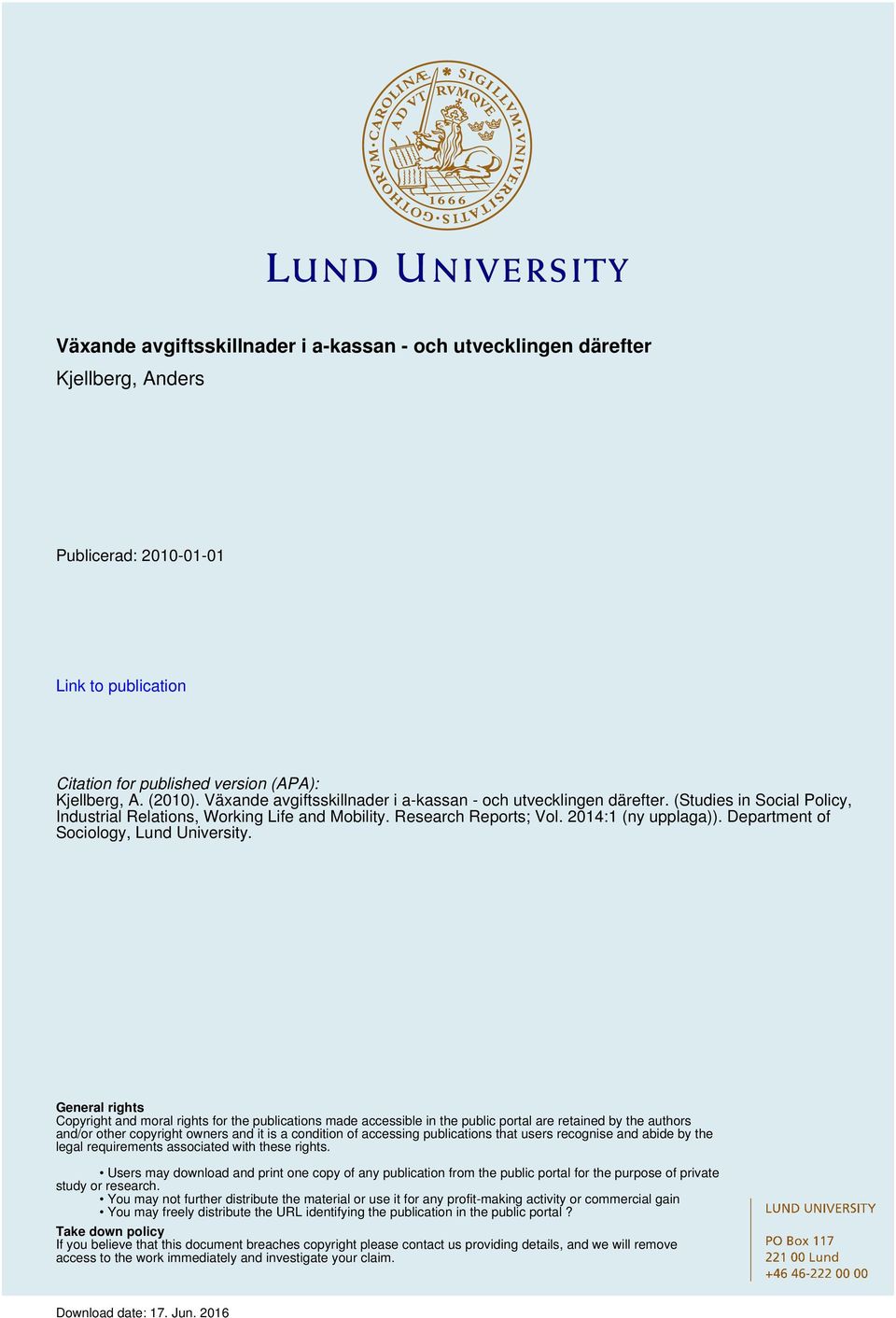 Department of Sociology, Lund University.